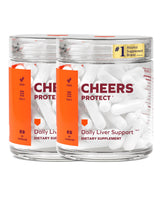 Cheers Protect montre la bouteille avec doses quotidiennes et soutien hépatique.