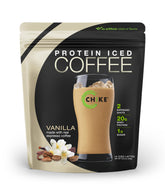 CHiKE Vanilla Protein Coffee verse dans le verre, préparation pratique et goût agréable.