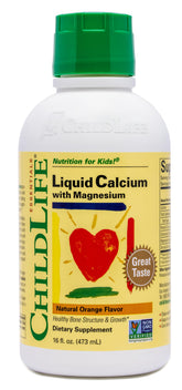 CHILDLIFE ESSENTIALS Calcium liquide pour enfants, bouteille orange, soutien à la croissance osseuse.