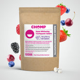 CHOMP pastilles-dentifrice-very-berry visibles, goût fruité agréable pour le brossage quotidien.