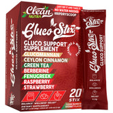 Emballage coloré de Clean Nutraceuticals Gluco Stix, pratique pour une utilisation rapide en déplacement.