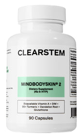 CLEARSTEM MINDBODYSKIN – Bouteille de capsules, apport naturel pour une peau plus claire et équilibrée.