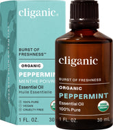 Huile essentielle Cliganic menthe biologique, bouteille 1 oz, parfum frais et pur pour diffusion.