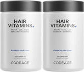 Codeage Cheveux: bouteille montrant le complément potentiel pour cheveux forts et éclatants.