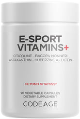 Codeage E-Sport Vitamins+ - Bouteille visible et peut soutenir la concentration pendant les sessions de jeu.