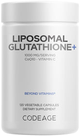 Codeage Liposomal Glutathione, bouteille de capsules, soutien antioxydant quotidien potentiel.