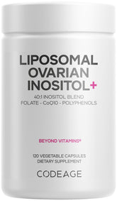 Codeage Liposomal Ovarian Inositol+ en bouteille, formulation liposomale pour le bien-être féminin.