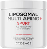 Codeage Multi Amino+ – bouteille affichant la formulation liposomale pour absorption potentielle.