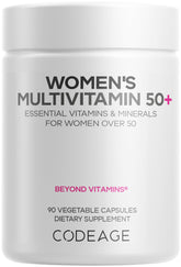 Codeage Multivitamine Femmes 50+ - flacon illustrant l’utilisation quotidienne et nutritionnelle