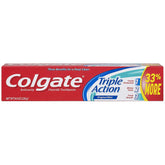 Colgate Triple Action Menthe, vue du tube — nettoyage en profondeur et haleine fraîche.