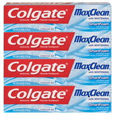 Colgate Max Clean dentifrice moussant dans sa bouteille pour un brossage efficace.