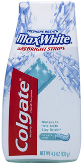 Dentifrice Colgate Max White avec bandes rafraîchissantes Menthe Cristal pour un souffle frais.