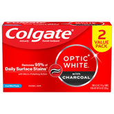 Colgate Optic White Charbon deux tubes visibles pour une routine blanchissante quotidienne