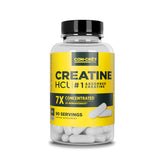 CON-CRET Creatine HCl capsules dans la bouteille, énergie cellulaire soutenue lors des entraînements.