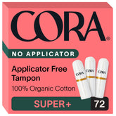 Tampons Cora sans applicateur en coton biologique, pack de 72, confort durable.