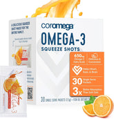 Coromega Omega-3, sachets pression orange, pratique à emporter.