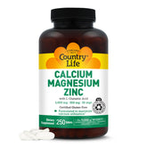 Country Life Calcium Magnesium Zinc — bouteille: soutien potentiel à la santé osseuse et absorption améliorée.