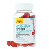 Country Life Maxi-Hair Gummies en bouteille prête à l'emploi, soutien potentiel à la routine beauté.