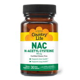 Country Life NAC 750 mg — bouteille montrant le soutien du foie et des poumons.