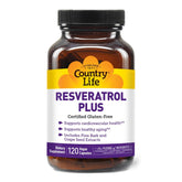 Country Life Resveratrol Plus bouteille et étiquette visibles, soutien antioxydant quotidien.