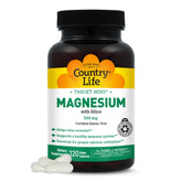 Country Life Target-Mins Magnésium, bouteille et capsules, soutient détente musculaire et équilibre nerveux.
