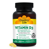 Country Life Vitamine D3 bouteille, source puissante pour les os et l'immunité.