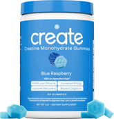 Gomme Create Créatine Monohydrate en boîte orange, énergie durable.