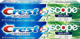 Crest Complete Whitening Plus Scope Outlast Ultra dentifrice emballage visible, fraîcheur durable au quotidien.