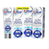 Dentifrice Crest Pro-Health detoxifiant gencives, lot de trois tubes prêt à l'emploi.