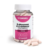 CUREWELL D-Mannose Cranberry flacon avant, soutien quotidien de l'appareil urinaire.