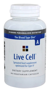 D'Adamo Live Cell A, bouteille de 90 gélules, soutien nutritionnel potentiel pour le type A.