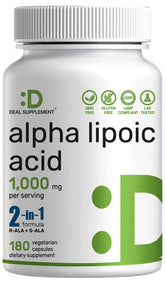DEAL SUPPLEMENT Alpha-lipoïque 1000 mg, bouteille, soutien potentiel d'énergie.