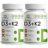 Bouteille DEAL SUPPLEMENT D3 K2 montrant le duo pour os et immunité.