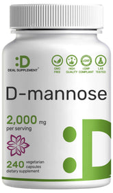DEAL SUPPLEMENT D‑Mannose dans une bouteille avec capsules véganes, soutien potentiel à la santé urinaire.