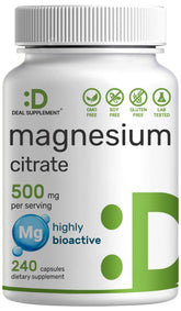 DEAL SUPPLEMENT Magnésium citrate : bouteille pratique de 240 capsules pour une routine quotidienne facile