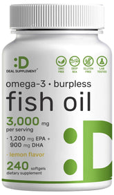 Gélules Oméga-3 DEAL SUPPLEMENT en flacon citron, prise quotidienne facile.