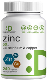 Deal Zinc 50 mg avec sélénium et cuivre — Bouteille prête à une routine quotidienne.