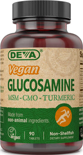 Bouteille DEVA Glucosamine MSM CMO, complément vegan, pour soutenir les articulations et le confort quotidien.