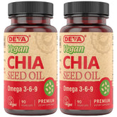 DEVA huile chia - bouteille bio montrant l'étiquette et les oméga comme bénéfice potentiel.