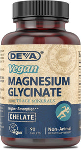 DEVA Magnésium Glycinate vegan – flacon visible, absorption potentielle et soutien musculaire.