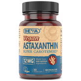 DEVA Astaxanthine 12 mg dans une bouteille, soutien potentiel à la vitalité.