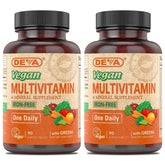 DEVA Vegan Multivitamin, bouteille et pack 2x90, soutien nutritionnel quotidien sans fer.