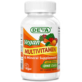 Bouteille DEVA Vegan Multivitamine, vue de face, pratique pour une prise quotidienne équilibrée.