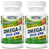 DEVA Omega-3 vegan – bouteille avec capsules, source végétale d’EPA et DHA.