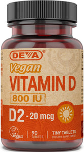 Bouteille DEVA vitamine D2 800 UI pour une supplémentation pratique.