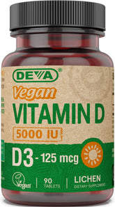 DEVA Vitamine D3 5000 UI, bouteille – apport végétal quotidien pour un mode de vie végane.