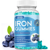 Gummies-fer dilib en bouteille au goût myrtille, soutien énergétique quotidien.
