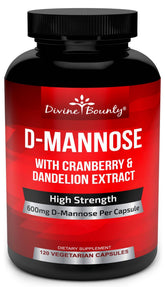 Divine Bounty D-Mannose: capsule 600 mg près de la bouteille, soutien potentiel du confort urinaire.