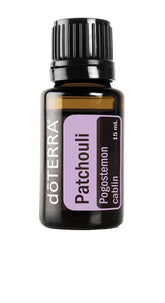 doTERRA Patchouli huile essentielle en bouteille, parfum boisé et potentiel soin peau.