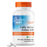 Doctor's BEST Folate Quatrefolic 400 mcg, bouteille ouverte et capsules faciles à avaler.